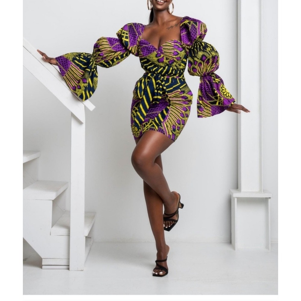 Ofuure African Print Mini Dress Purple Yellow Ankara Puff Sleeve Wrap Front M